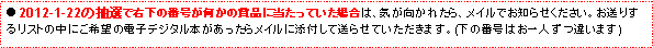 eLXg {bNX: 2012-1-22̒IŉE̔ԍ̏ܕiɓĂꍇ́ACꂽACłm点B肷郊Xg̒ɂ]̓dqfW^{烁CɓYtđ点Ă܂B(̔ԍ͂lႢ܂)